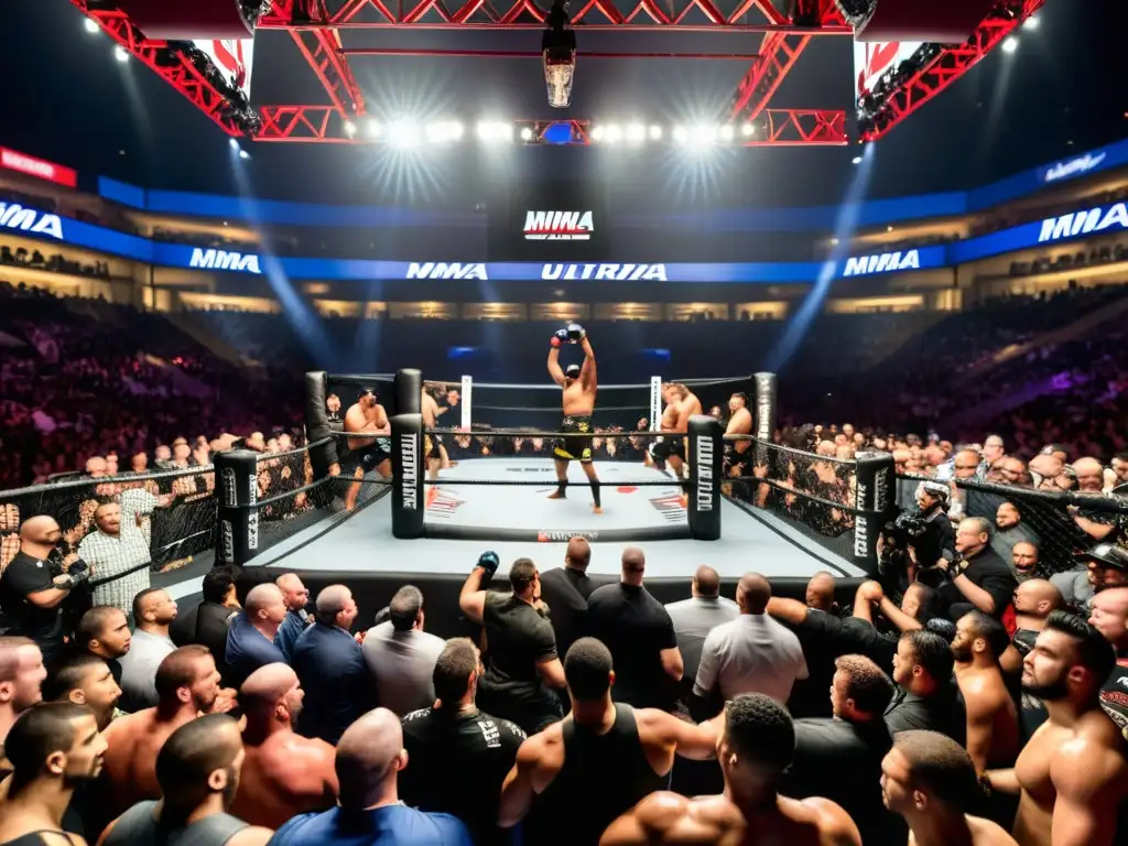 Desarrollo de las MMA global: Imagen detallada de un combate en una arena llena, con luchadores en acción y una multitud emocionada