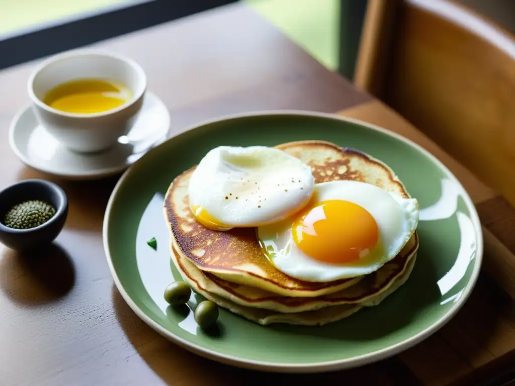 Un desayuno energético para practicantes de artes marciales: huevo pochado, panqueques integrales con frutas, aguacate y té verde en una mesa de madera con luz natural, transmitiendo frescura y equilibrio