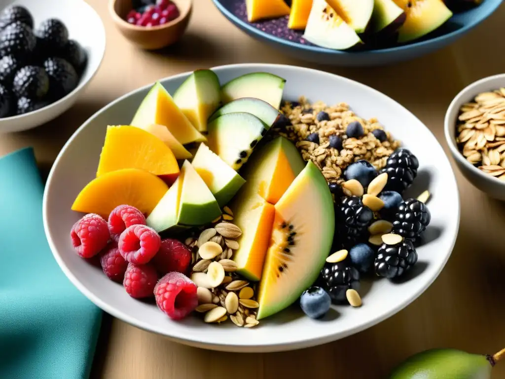 Un desayuno vibrante y nutritivo para practicantes de artes marciales, con acai bowls, frutas frescas y granola en una mesa armoniosa y luminosa