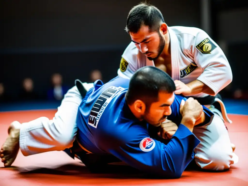 Destreza en competencia: luchador de JiuJitsu Brasileño ejecuta técnica esencial, en medio de la intensa atmósfera de la competición profesional