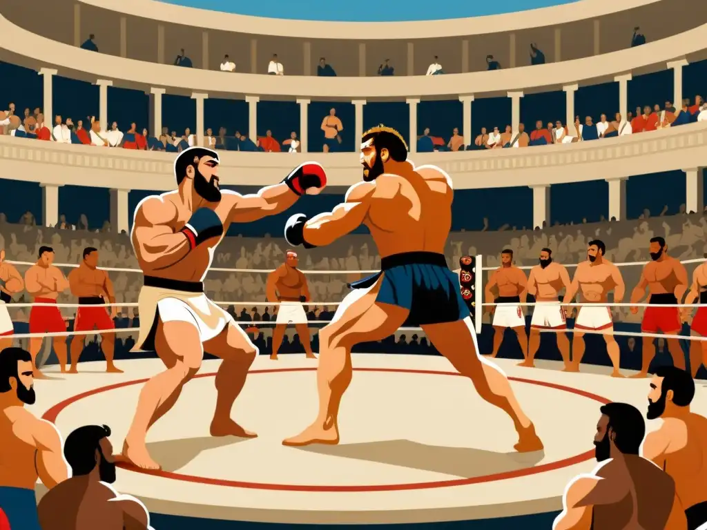 Ilustración detallada de antiguos competidores griegos de Pankration en un anfiteatro lleno, mostrando la naturaleza cruda y primal de las artes marciales mixtas en los orígenes del MMA