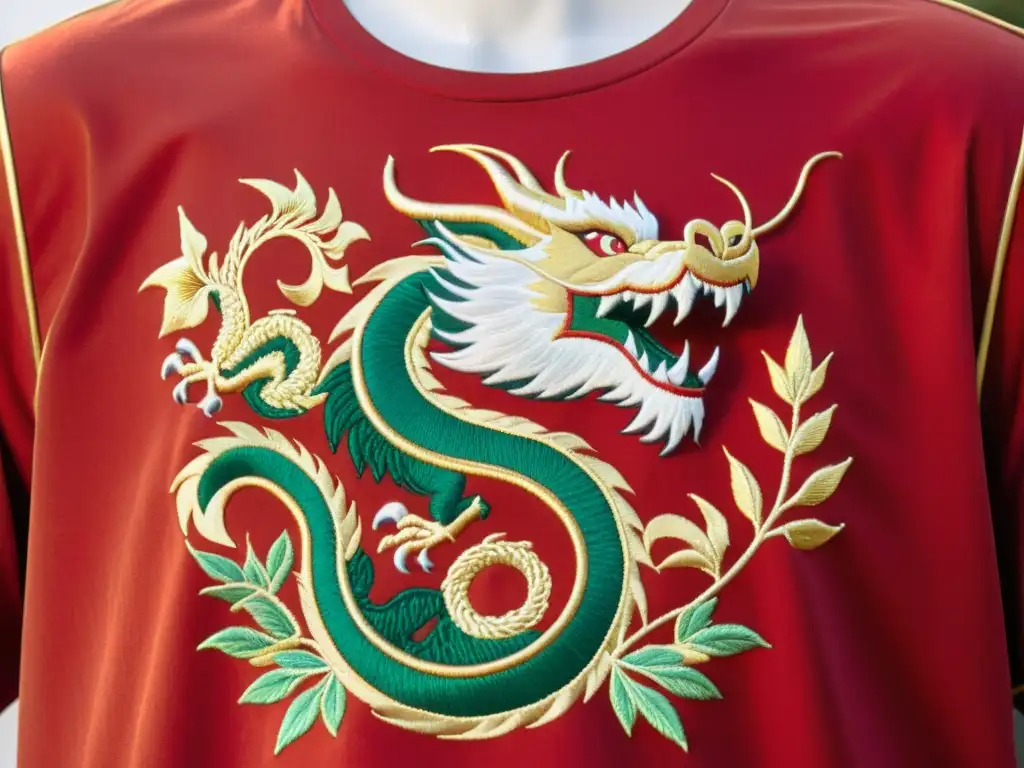 Detallada camiseta roja con bordado de dragón dorado, evocando el mensaje cultural de las camisetas kung fu