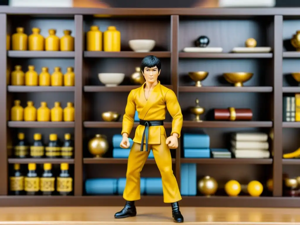 Detallada fotografía de una figura vintage de Bruce Lee en pose dinámica, destacando el valor cultural del merchandising artes marciales