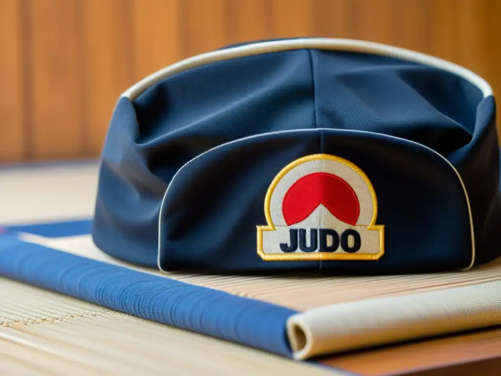 Detallada gorra de judo en tela de alta calidad con bordado de maestro de judo en pleno lanzamiento sobre tatami vintage