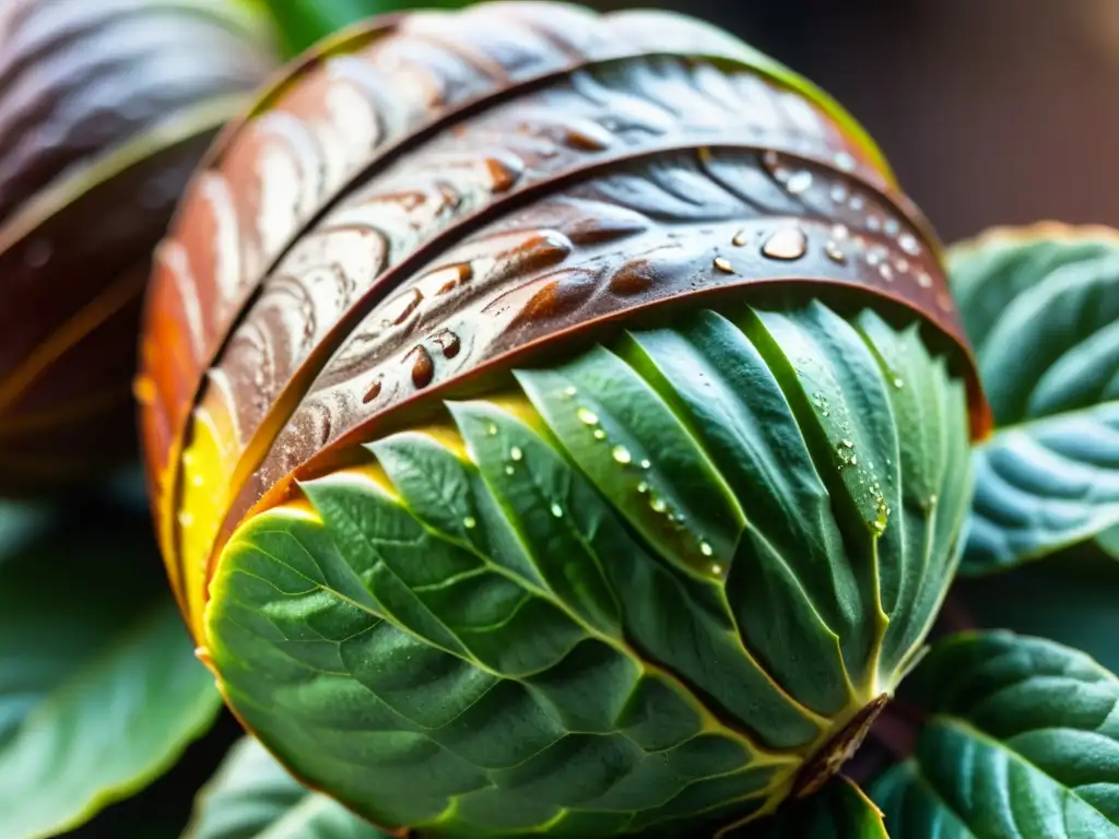 Detallada imagen de un cacao recién cortado, con tonos vibrantes en su exterior