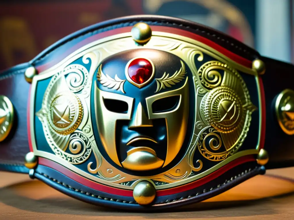 Detallada imagen de un cinturón de lucha libre de cuero vintage, adornado con placas metálicas brillantes y diseños ornamentales