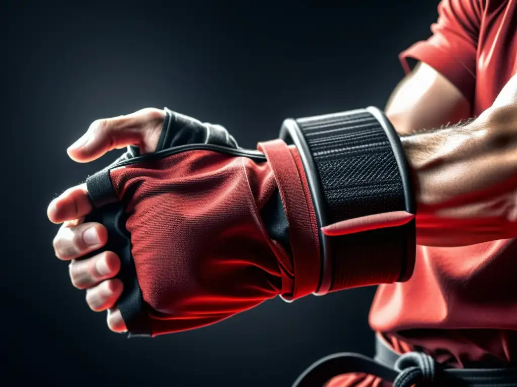 Envoltura precisa de muñequera de artes marciales en 8K Detallada imagen en 8k de muñequeras para artes marciales, resaltando la precisión y la fuerza en su técnica de sujeción