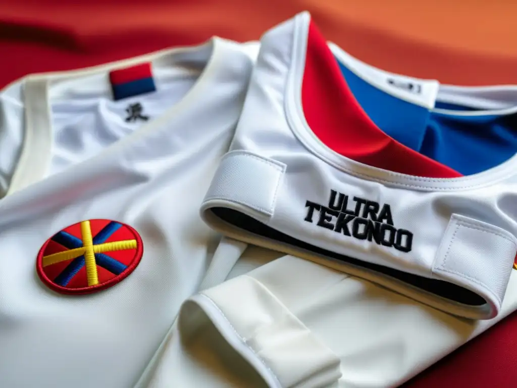 Detallada imagen de un uniforme a medida de Taekwondo con bordado personalizado y bandera nacional