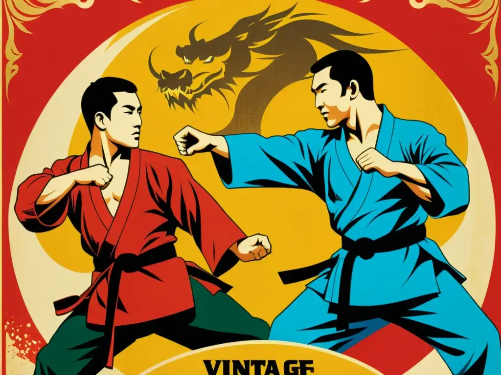 Detallada fotografía de póster vintage de artes marciales con ilustraciones vibrantes y envejecidas, rodeado de diseño en hoja de oro