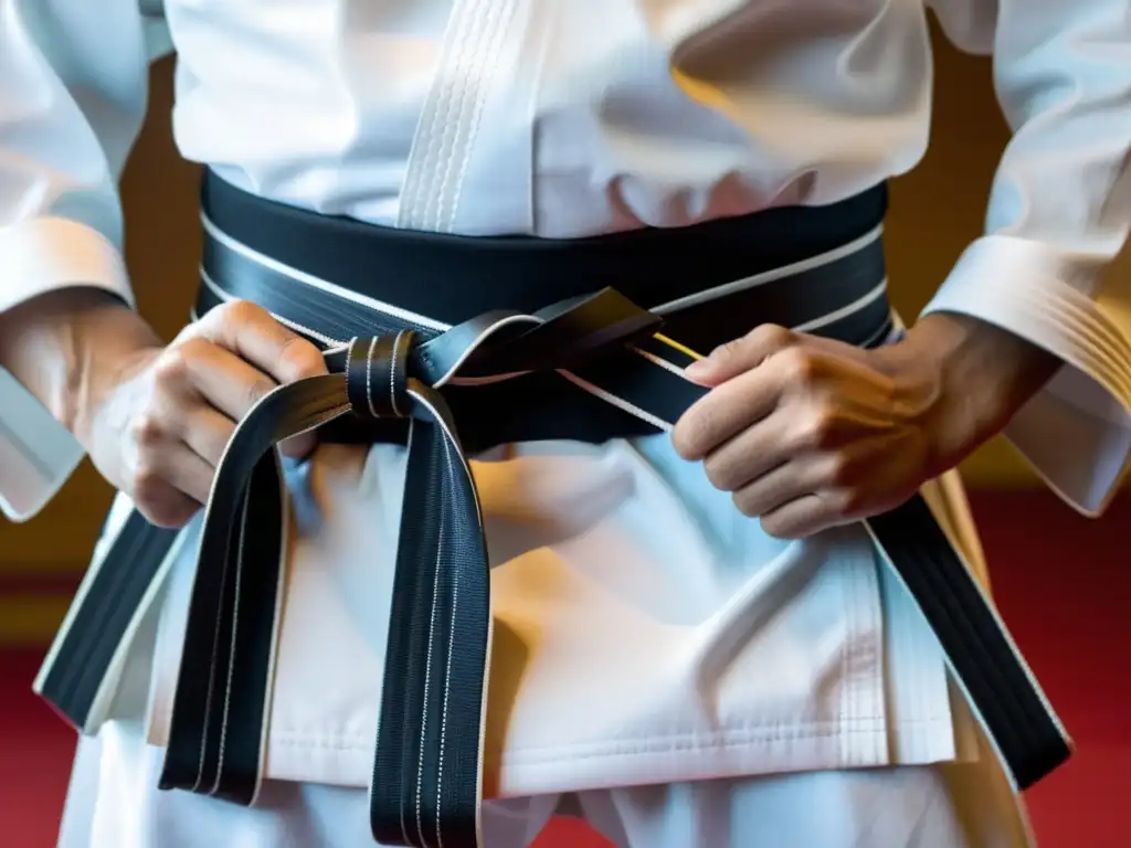 Detallado nudo de cinturón negro en un gi blanco, mostrando la tradición y disciplina del karate