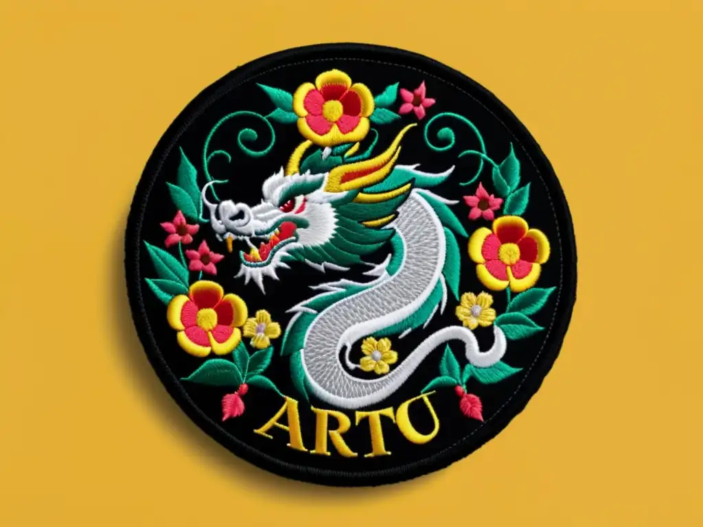 Detallado parche de artes marciales con dragón, flores y kanji bordado en uniforme