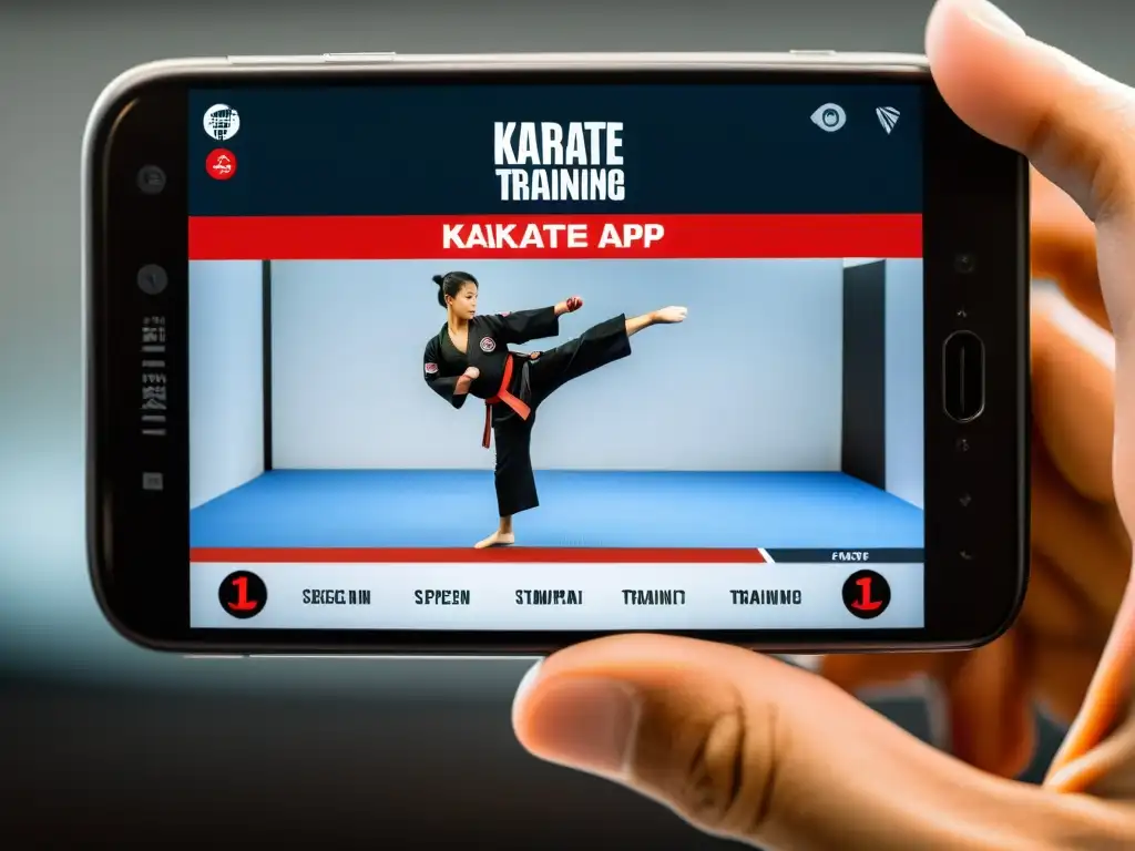 Detalle de app de karate con instrucciones paso a paso y demostración profesional, fusionando tradición y tecnología