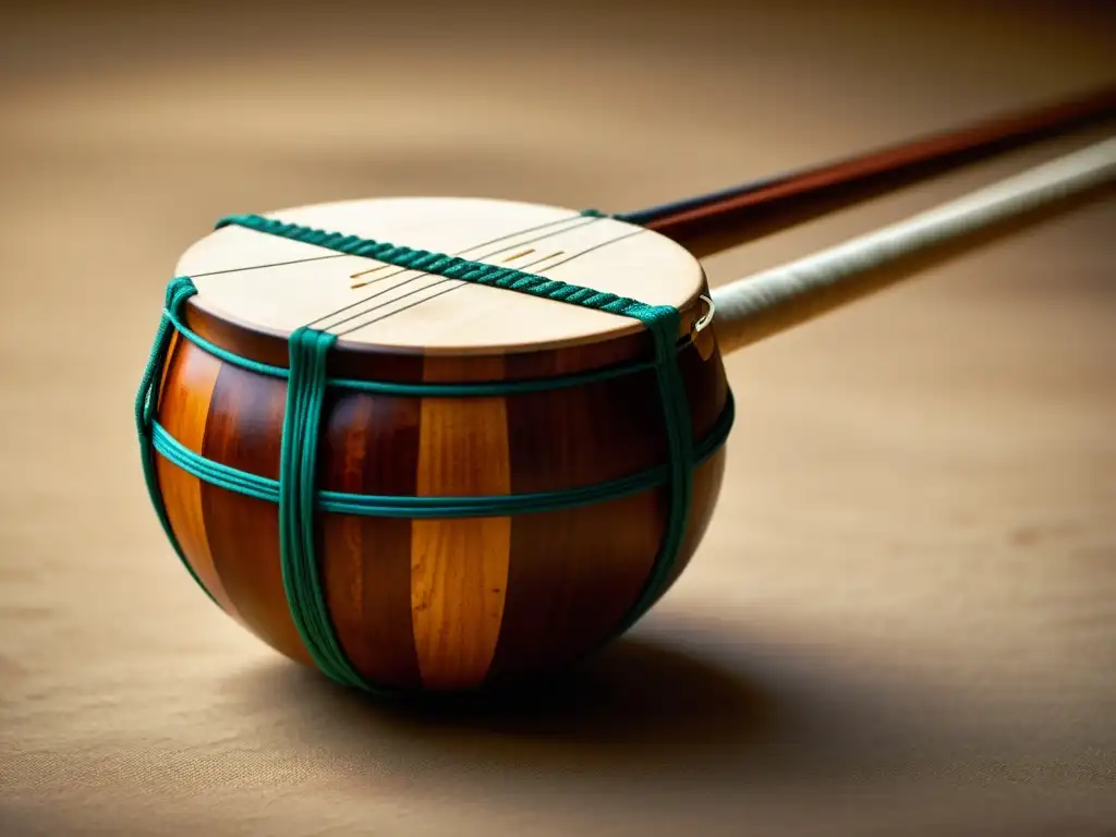 Detalle del Berimbau en Capoeira, con su artesanía y calidez terrosa, evocando la importancia del Berimbau en Capoeira