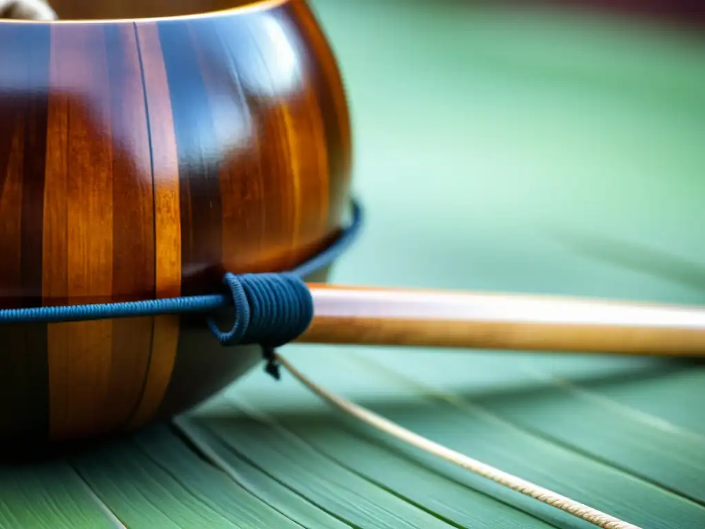 Detalle de un berimbau tradicional, resaltando su artesanía y la importancia del Berimbau en Capoeira