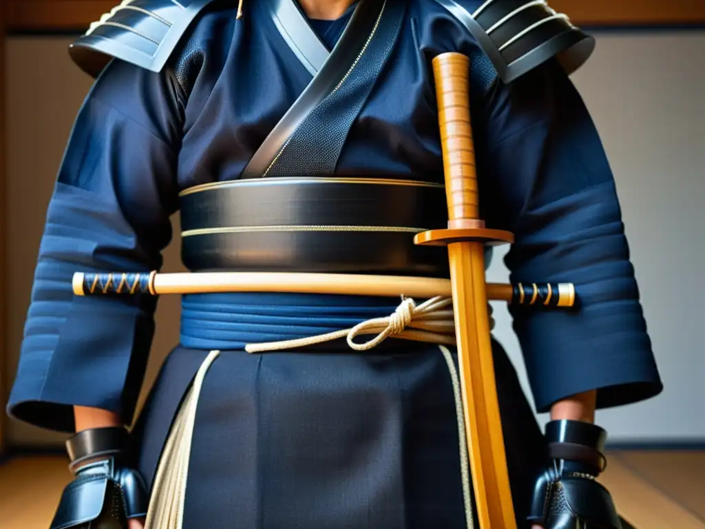 Detalle de un Bogu y Shinai de Kendo, mostrando la artesanía y la historia, reflejando la cultura y disciplina del kendo