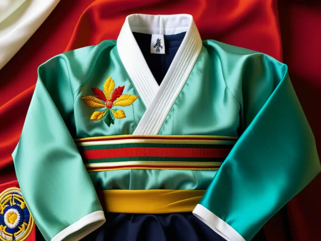 Detalle del bordado y colores vibrantes del uniforme de artes marciales, evocando la significancia del color en artes marciales