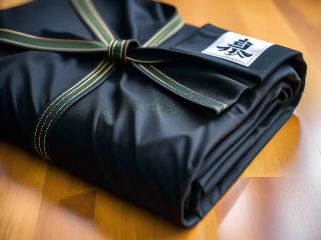 Detalle del gi de JiuJitsu Brasileño negro, símbolo de tradición y herramienta de entrenamiento