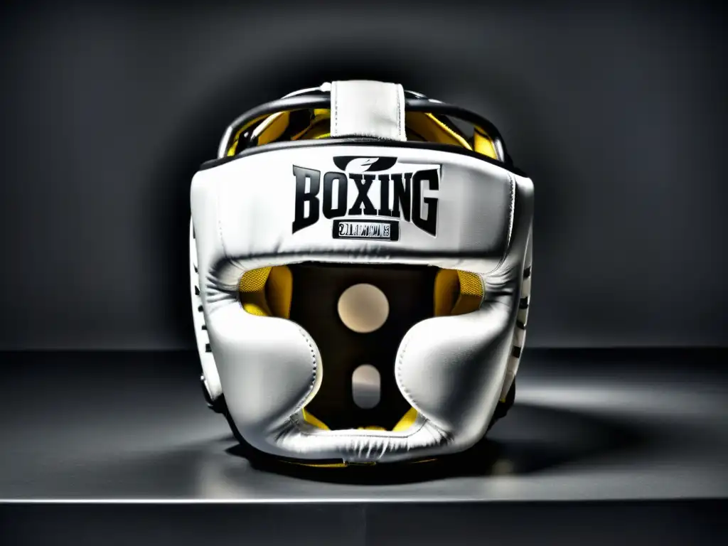 Detalle de casco de boxeo de alta calidad, con diseño aerodinámico y protección destacada en dramático ambiente