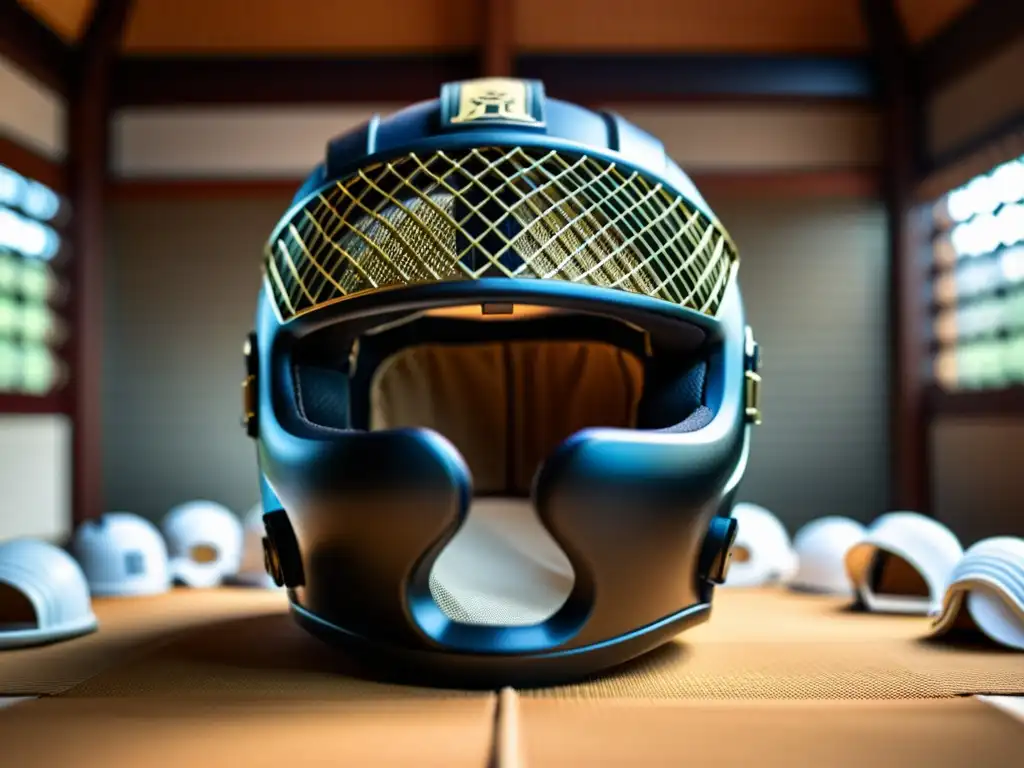 Detalle de casco de sparring con parrilla de seguridad en un dinámico dojo de artes marciales