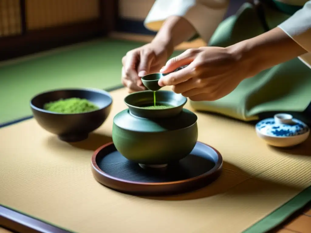 Detalle de ceremonia japonesa del té, con maestro preparando matcha