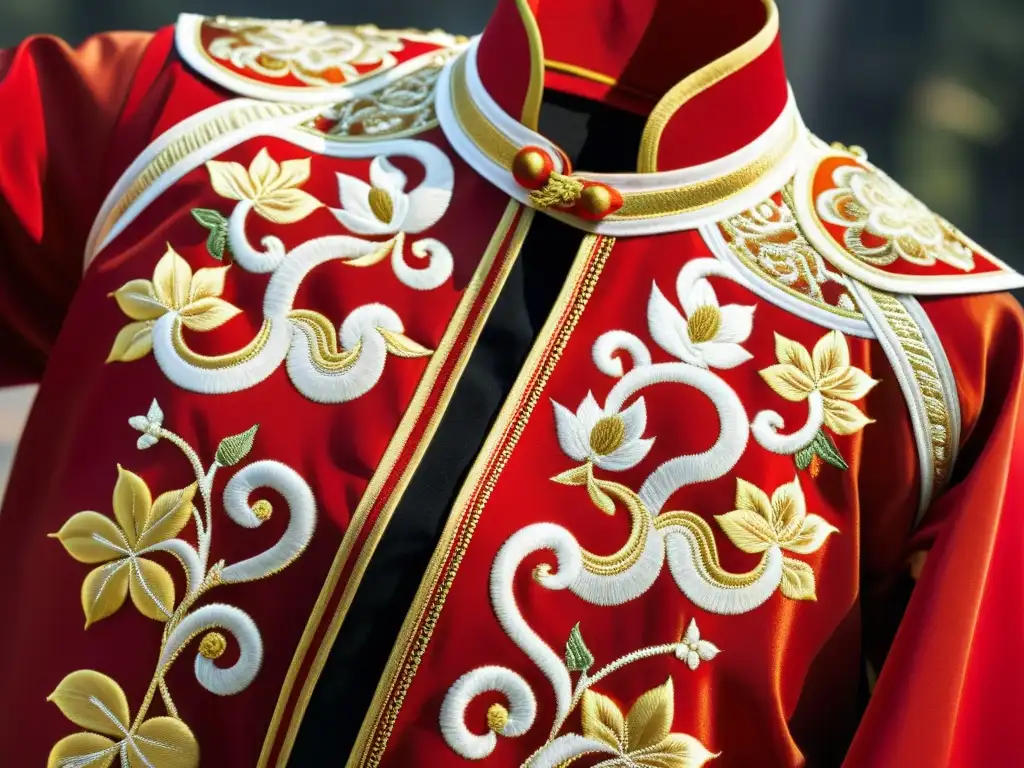 Detalle de la elaborada artesanía en un uniforme tradicional de Kung Fu rojo y dorado, resaltando los beneficios de la ropa de Kung Fu