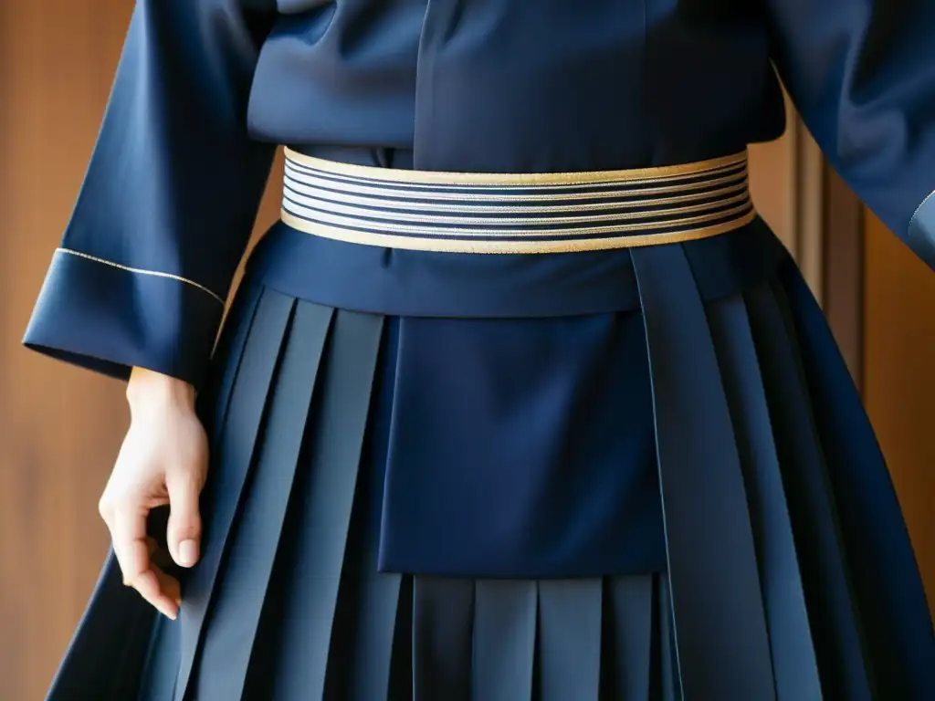 Detalle de un elegante Hakama para Aikido en azul marino con bordado sutil y pliegues intrincados, destacando su artesanía