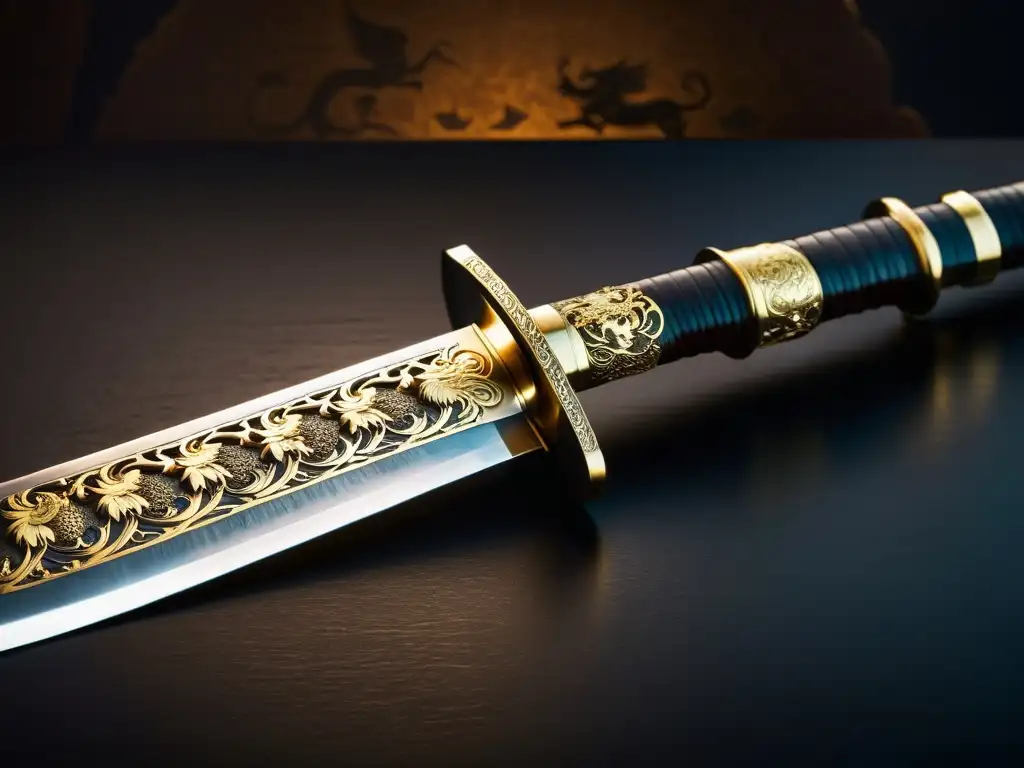 Detalle de una espada Jian china tradicional con una hilt ornamentada con dragones y criaturas míticas