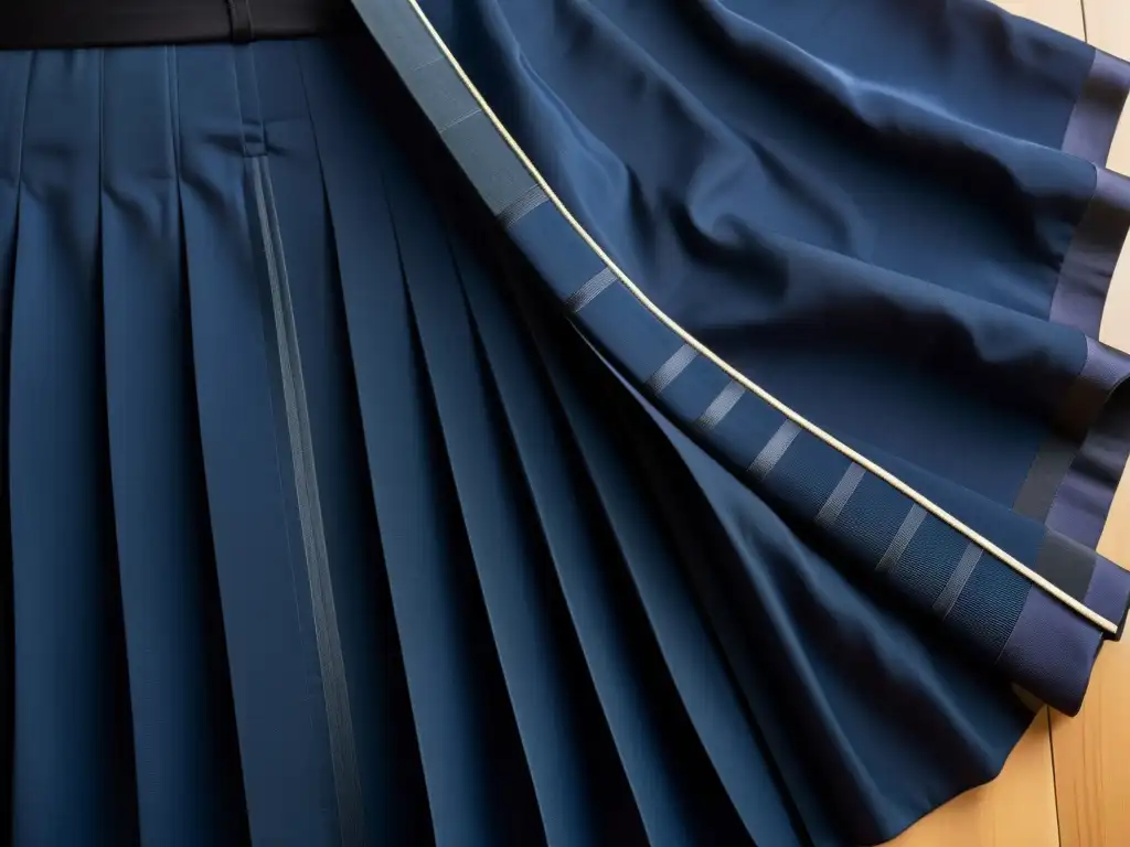 Detalle de hakama elegante para Aikido en profundo índigo, resaltando su elegancia atemporal y artesanía fina