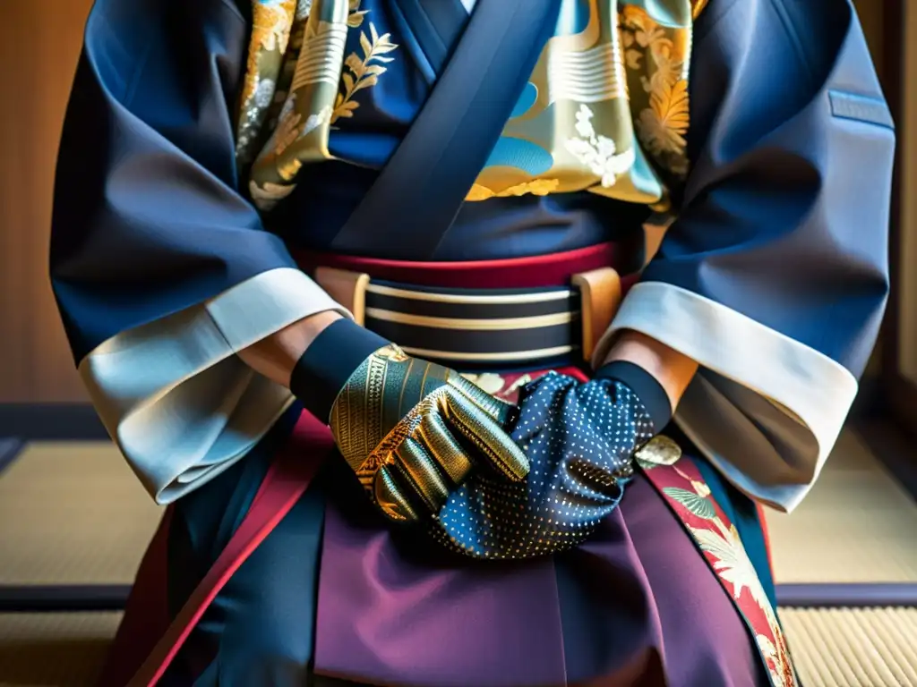 Detalle del hakama y kimono de un practicante de kenjutsu, con kote y katana brillante, en un festival japonés