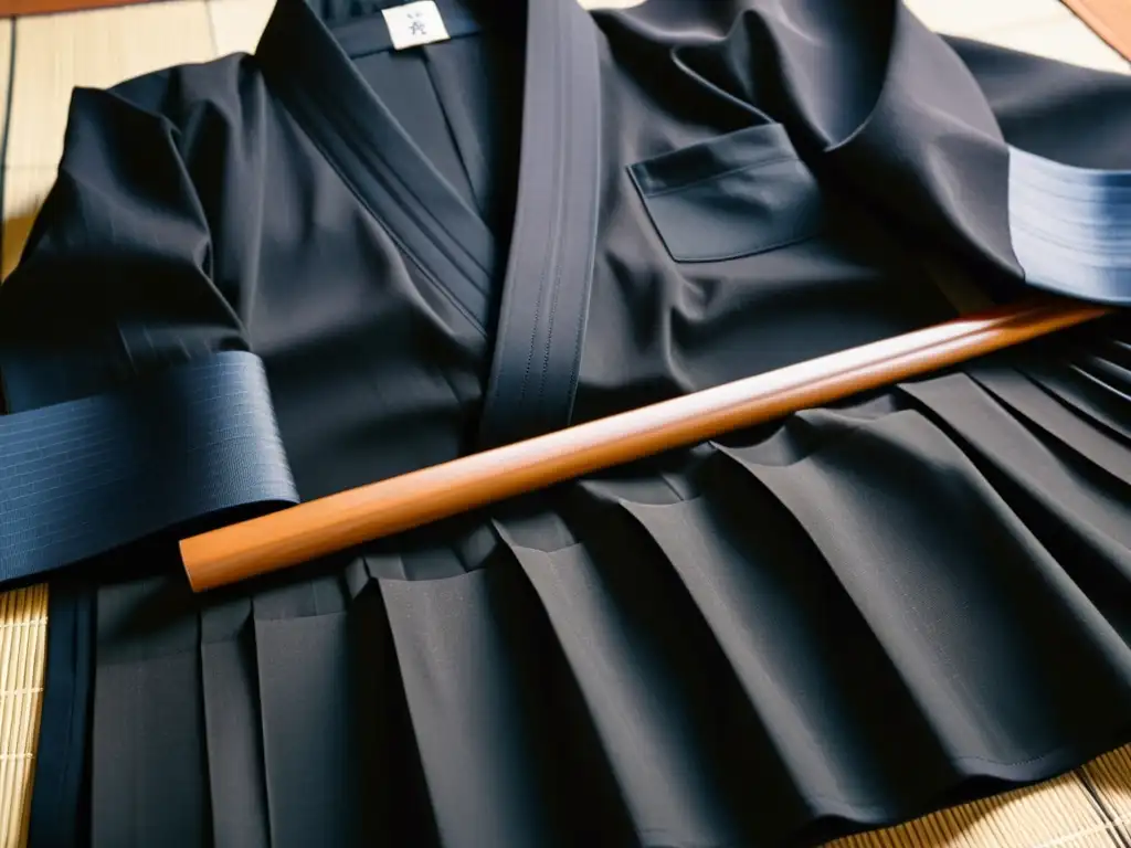 Detalle de Hakama negro tradicional para Iaido en tatami