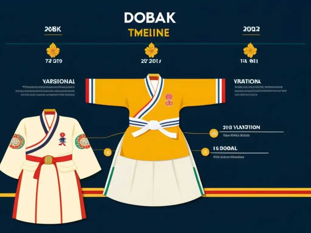 Detalle de la evolución del do bok en la historia del taekwondo, mostrando sus variaciones regionales, bordados y diseño