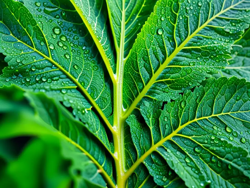 Detalle de una hoja de col rizada verde vibrante con gotas de agua, mostrando sus patrones de venas y frescura