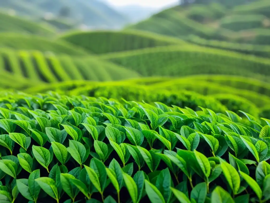 Detalle de hojas de té verde brillante con patrón de venas, en plantación de té neblinosa