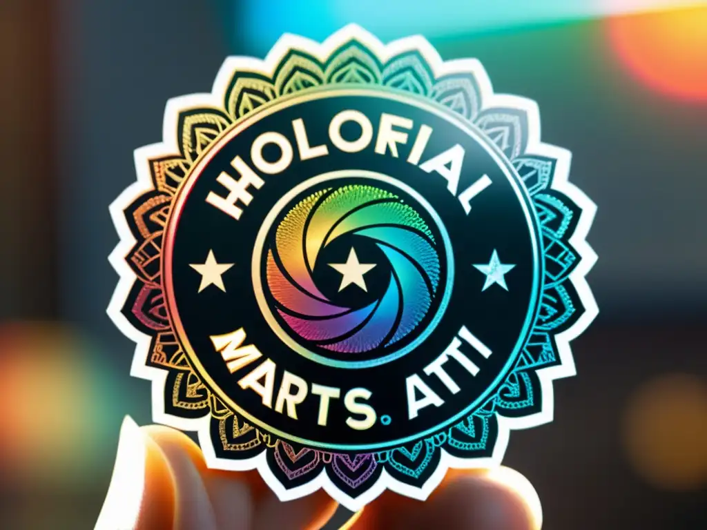 Detalle holográfico de sello de merchandising oficial artes marciales, transmitiendo confianza y profesionalismo en la autenticidad de productos