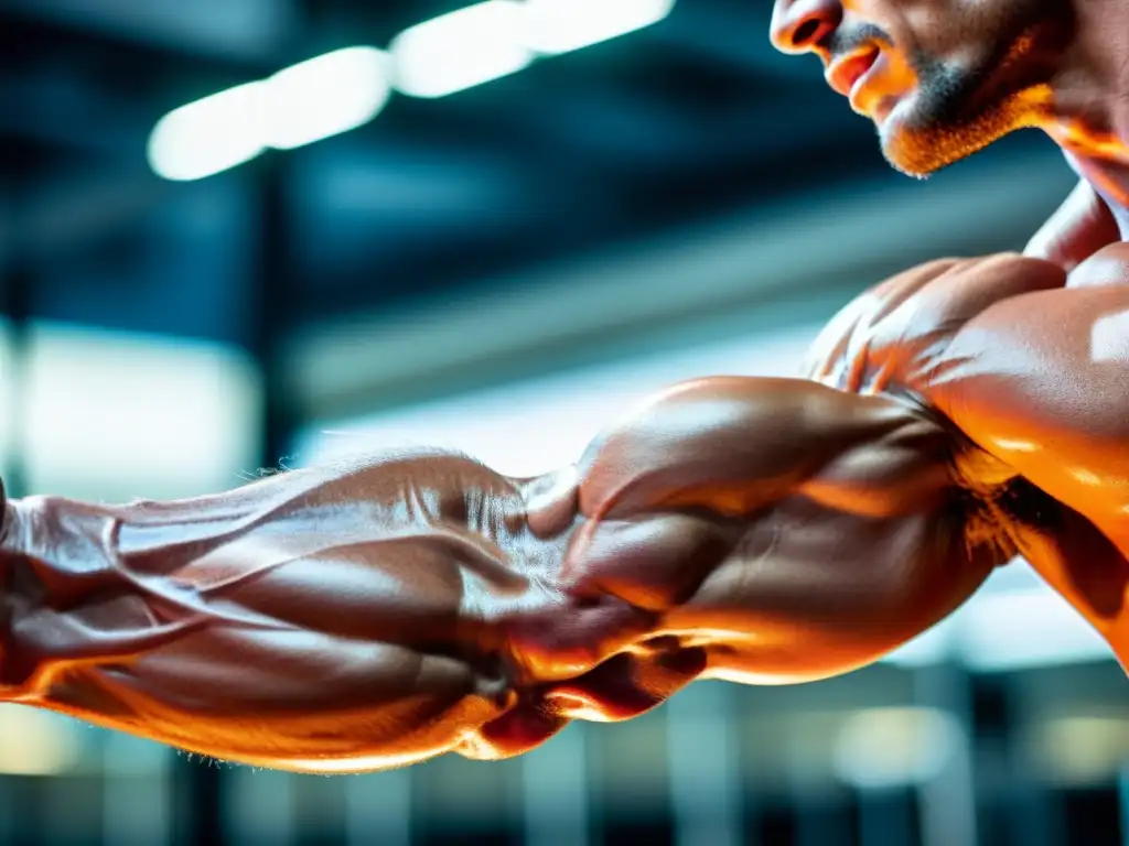 Detalle impresionante de un brazo musculoso, brillante bajo las luces del gimnasio