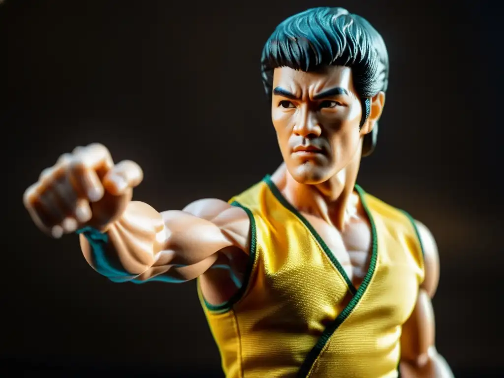 Figura de Bruce Lee: detalle y dramatismo Detalle impresionante de figura de Bruce Lee vintage en dramático fondo negro
