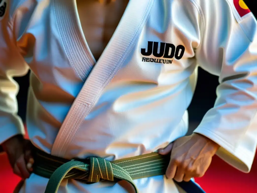 Detalle del gi de judo de alta calidad, mostrando la resistencia y el desgaste de los mejores competidores