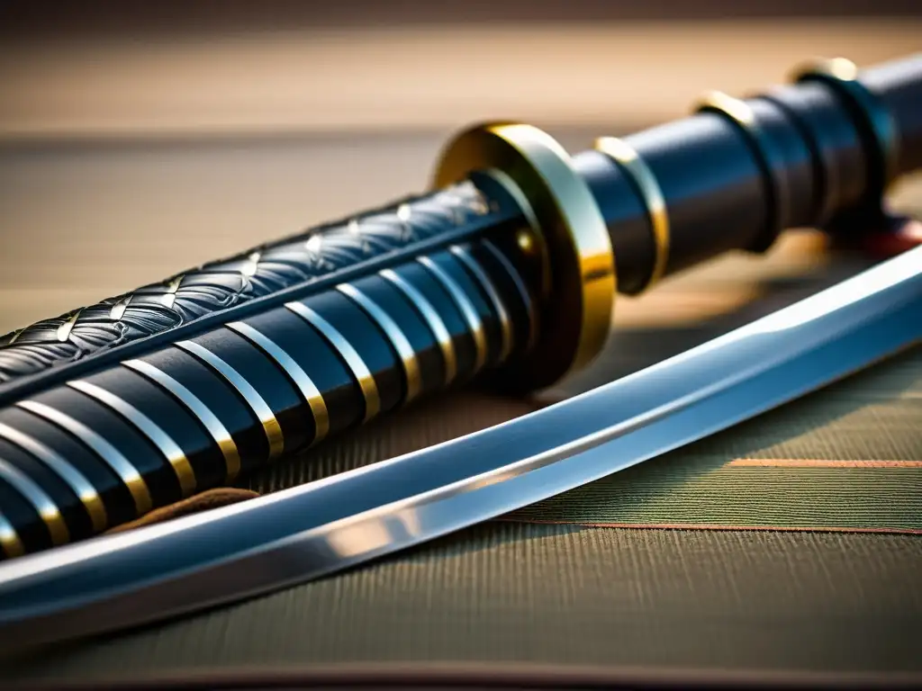 Detalle de katana japonesa, reflejando la artesanía del acero y la filosofía del combate en artes marciales