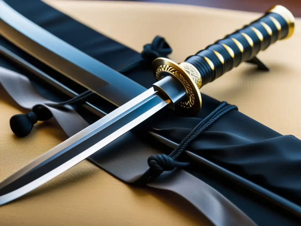 Katana japonesa: belleza y fuerza en la hoja de acero plegado Detalle de una katana japonesa con elegantes engravings y fondo de jardín japonés, Lecciones de estrategia y filosofía marcial