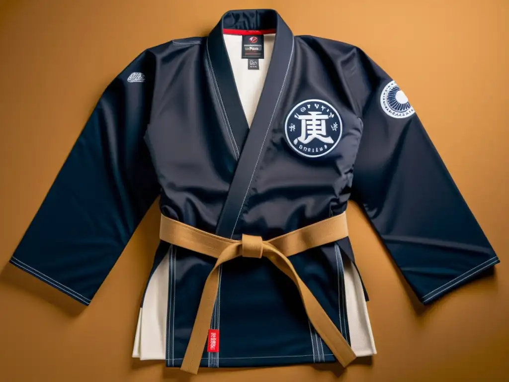 Detalle de kimono JiuJitsu de alta calidad con sello oficial, destacando artesanía y durabilidad