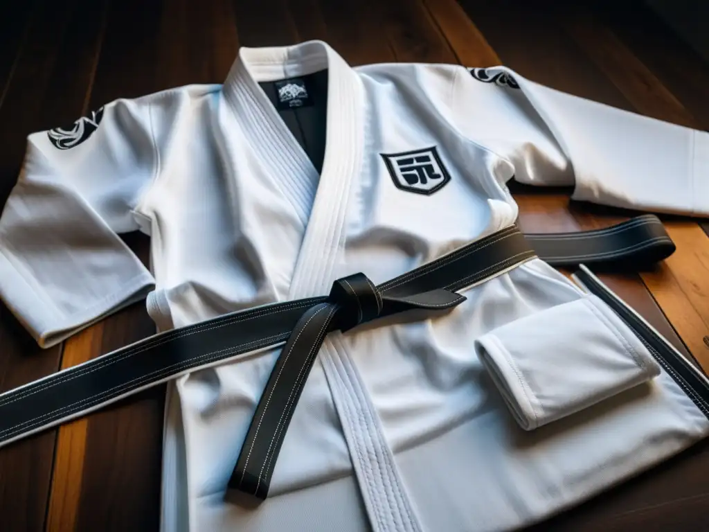 Detalle de kimono JiuJitsu blanco de alta calidad sobre madera oscura