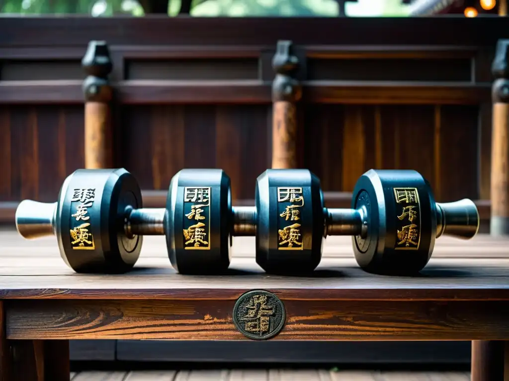 Detalle de mancuernas de kung fu de hierro descansando en banco de madera, evocando tradición y entrenamiento de kung fu con mancuernas