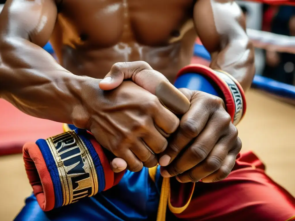 Detalle de manos envueltas en tela tradicional en el Muay Thai, mostrando la técnica y determinación en el origen y técnicas del Muay Thai