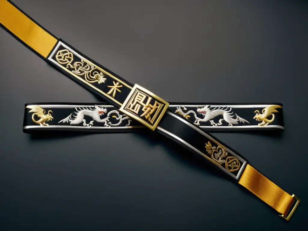 Detalle del mejor cinturón de artes marciales bordado en negro con hilos de oro y plata, mostrando símbolos tradicionales y elegante atado