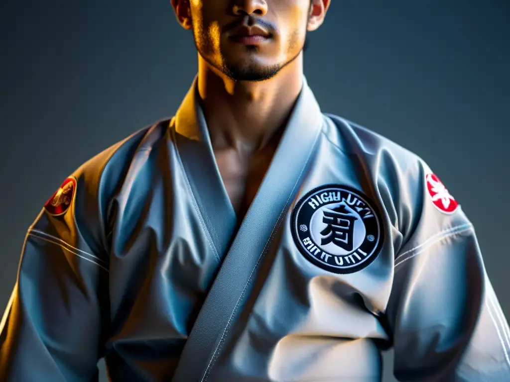 Detalle del mejor kimono JiuJitsu con sello oficial, destacando la calidad y diseño profesional