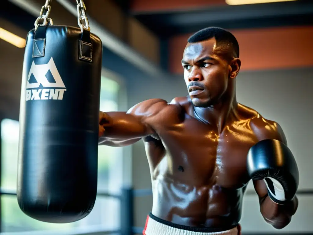 Detalle de los mejores sistemas soporte sacos boxeo con boxeador lanzando un potente golpe, evocando fuerza, determinación y resistencia