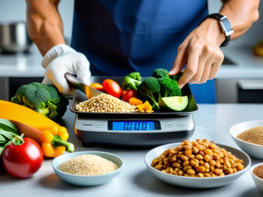 Detalle meticuloso en la planificación de comidas para deportistas de combate, con ingredientes frescos y coloridos cuidadosamente pesados y dispuestos por un nutricionista experto