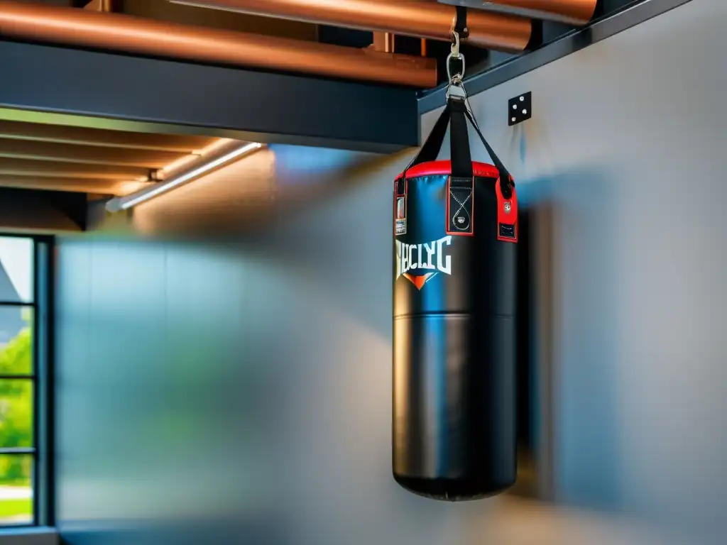 Detalle de montaje de pared de acero resistente para saco de boxeo, resaltando calidad y durabilidad