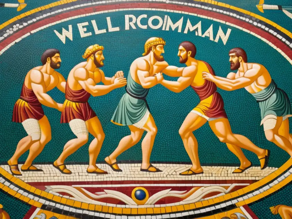 Detalle de mosaico romano de lucha grecorromana en anfiteatro: historia lucha grecorromana Europa