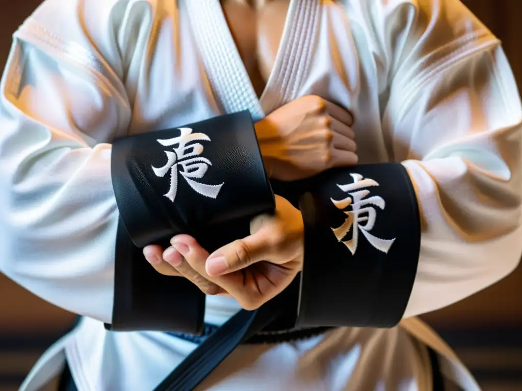 Manos de artista marcial: fuerza y disciplina en la tradición Detalle de muñequeras para artes marciales con kanji bordado, reflejando fuerza y disciplina en un dojo tranquilo